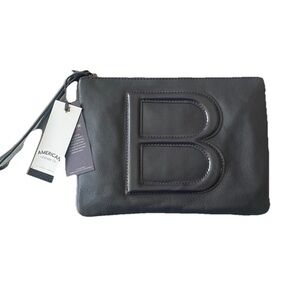 American Leather Co Large Clutch Wristlet Navy Blue Embossed B Purse Bag Travel